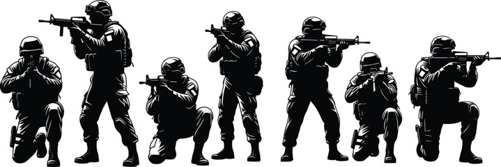 Military soldier silhouettes in tactical gear, rifle aiming poses, combat training formation, armed forces teamwork, battlefield readiness, vector illustration for defense themes