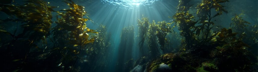 Obraz premium Underwater kelp forest sunrays hdri panoramic view ocean depths nature photography serene environment
