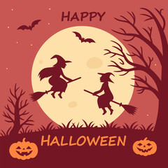 Witches on Broomsticks Silhouette — Spooky Halloween Night Scene Vector for Greeting Cards and Posters