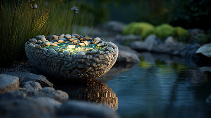 Tranquil stone basin reflecting light by pond in serene garden  