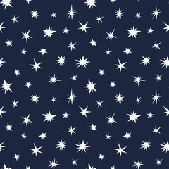 Stars on a dark blue background, seamless pattern of the starry night sky, space, vector illustration, flat design. Pattern template, an element for design, fabric, wrapping paper, background, cover