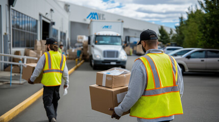 General plan: workers moving parcels toward truck while warehouse logo/sign visible in background.
