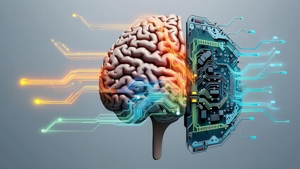 Split brain concept illustrating human intelligence merging with artificial intelligence and technology