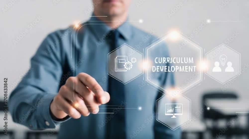 Poster man touching curriculum development graphic with icons in a digital interface display panel