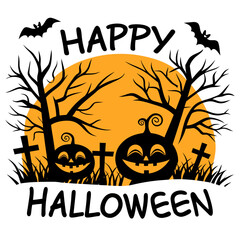 Happy Halloween T-shirt Design — Spooky Graveyard Silhouette with Pumpkins and Bats Vector Graphic