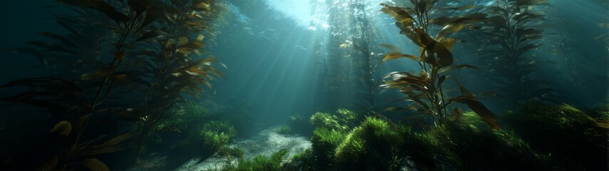 Obraz premium Beneath the waves kelp forests in hdri panoramic views underwater sunrays ocean depths nature's beauty