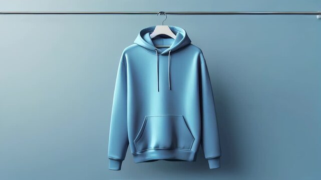 video of A blue hoodie mockup hanging on a hanger against a soft blue background, perfect for branding and product display with a clean, minimalistic layout concept