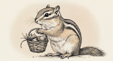 Chipmunk holding basket of nuts