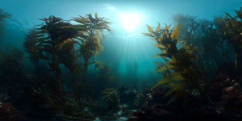 Underwater kelp forests with sunrays ocean depths hdri panoramic experience ethereal marine environment