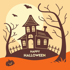 Happy Halloween Greeting Card with Haunted House Silhouette — Spooky Retro Vector Illustration