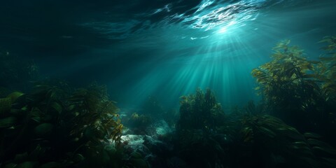 Underwater kelp forest action ocean depths hdri panoramic view sunrays illuminating marine life
