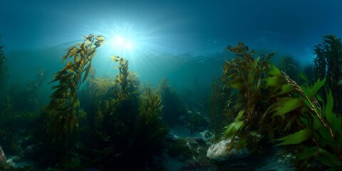 Underwater kelp forest hdri panoramic view sunrays illuminate marine life ocean floor environment