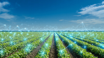 Agricultural field with digital network overlay under a clear blue sky