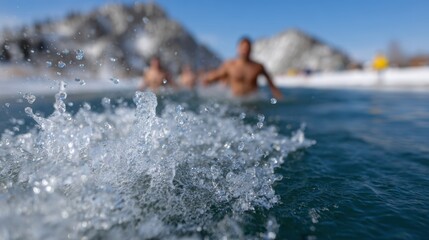 polar plunge ritual, using professional techniques, capture the daring plunge into icy waters on new years day freeze water splashes with a fast shutter speed, highlighting the tradition of courage