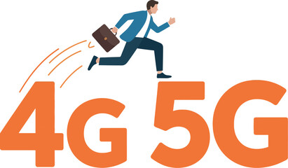 Motivated businessman leaps from 4G to 5G, symbolizing progress and innovation