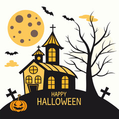 Happy Halloween Card with Haunted Church — Spooky Cartoon Vector for Posters and Social Media