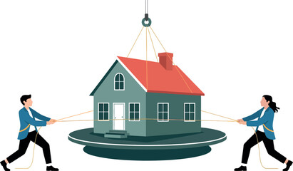 Two people pulling opposite directions on a house, symbolizing conflict and disagreement over property.