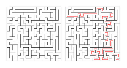 Maze design with solution path outlined in red  