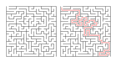 Labyrinth design with solution path highlighted in red  