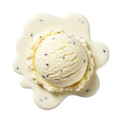 A ball of ice cream melts on a transparent background with pieces of chocolate, isolate
