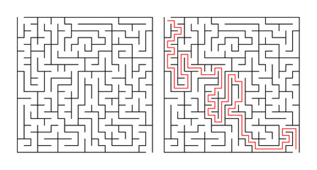 Labyrinth maze with solution path highlighted in red  