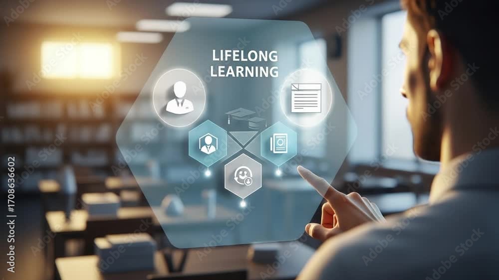Poster man interacting with a digital interface displaying lifelong learning icons in a classroom setting