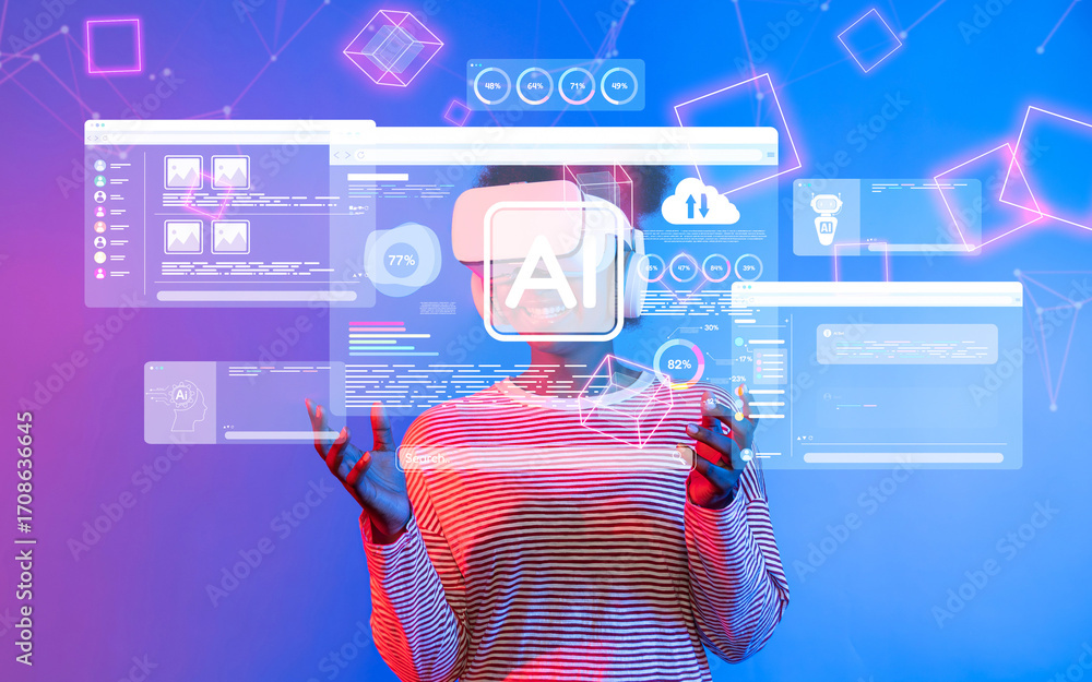 Poster a person interacts with futuristic digital screens showcasing ai technology and data visualization, 