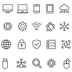 Black and white doodle illustration set of technology and digital icons, including computer, phone, cloud, network, and data security symbols
