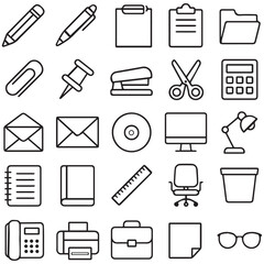 Black and white doodle illustration set of office supplies and stationery, including a pen, scissors, computer, and other work items.