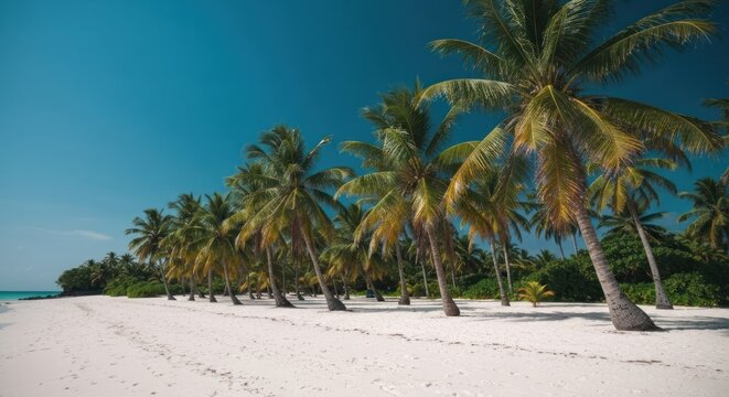 Pristine white sand beach fringed with tall coconut palms under a vibrant blue sky