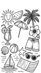 Black and white summer beach doodle illustration with sun, palm tree, drink, swimsuit, and other vacation elements