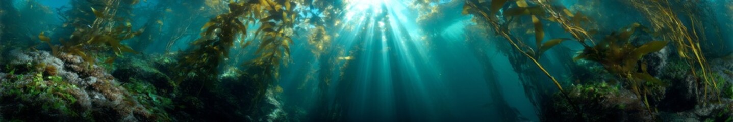 Obraz premium Underwater sunrays illuminating exported kelp forest in hdri panoramic view nature's beauty beneath the waves