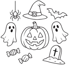 Halloween vector set with pumpkin, ghost, bat, spider, witch hat, candy, and grave. Perfect for spooky design, party, and decoration.