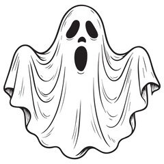 Scary ghost illustration in black and white. Perfect for Halloween design, spooky decoration, horror poster, and trick or treat theme