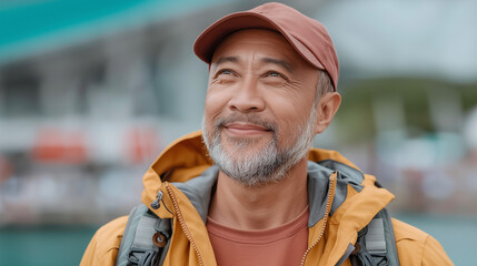 Mature Gentleman Enjoys Peaceful Outdoor Moments
Happy Asian Man Smiles During Scenic Journey
