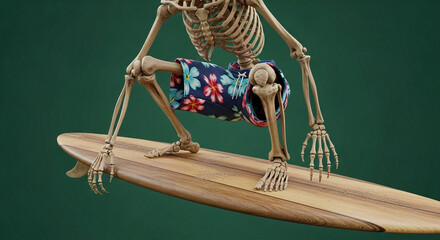 Halloween Skeleton Surfer: 3D Render of a Skeleton in Hawaiian Shorts on a Surfboard