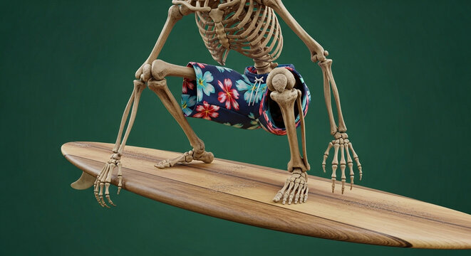 Halloween Skeleton Surfer: 3D Render of a Skeleton in Hawaiian Shorts on a Surfboard