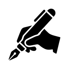 An icon of a hand holding a pen, write symbol silhouette vector on a white background.