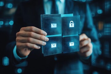 Businessman storing documents on a secure server with a checkmark and a lock icon, ensuring confidentiality and compliance