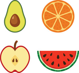 Sliced Avocado, Orange, Apple and Watermelon Fruits Icon Illustration