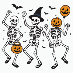 Human Halloween skeleton set. Skelton Vector illustration. Illustration of three skeletons with pumpkins, bats, and stars dancing. halloween