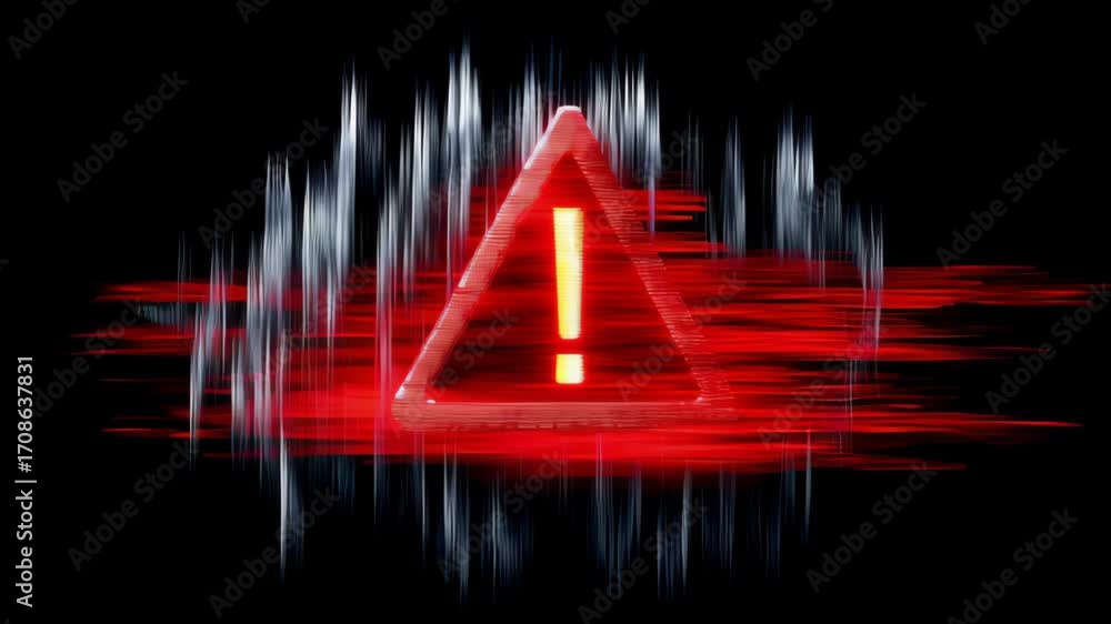 Poster caution alert symbol with red triangle and abstract wave patterns on dark background