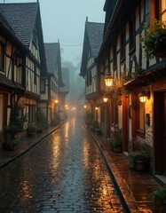 Fototapeta premium Rainy evening street in old European village. Cobblestone pavement reflects warm lamp light. Historic timber-framed buildings line narrow lane. Fog creates atmospheric, cozy, romantic mood. Autumn