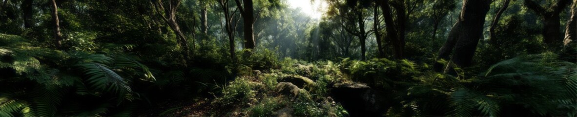 Lush jungle with light beams nature hdri panoramic view serene environment captivating experience