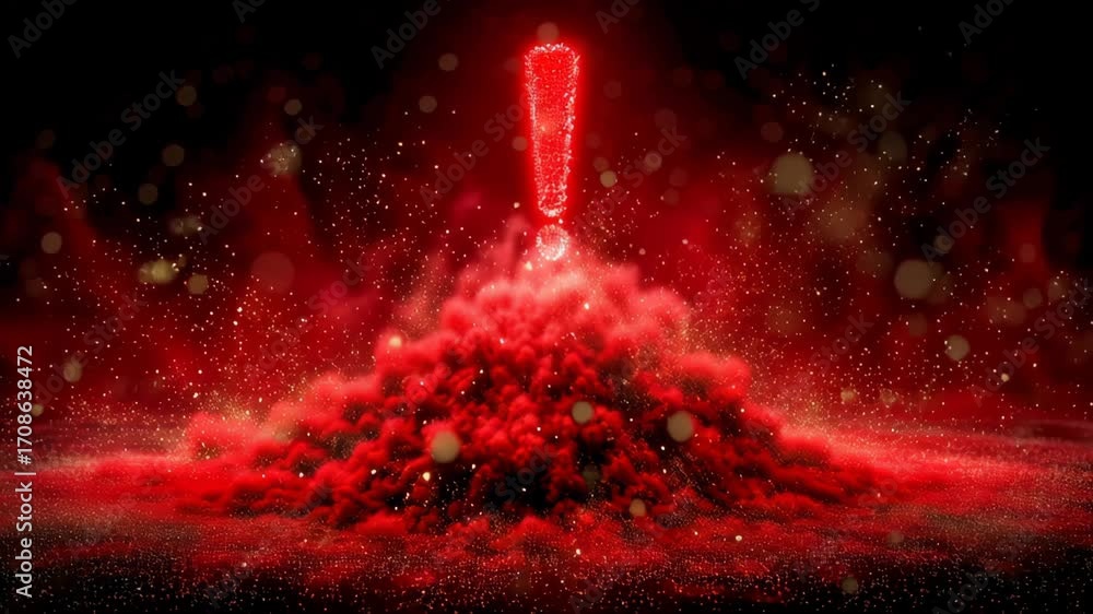 Poster dynamic red explosion with glowing exclamation mark surrounded by shimmering particles