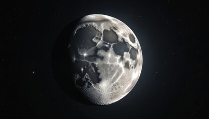 Fototapeta premium Detailed view of large, luminous moon with prominent craters against vast, starry night sky. Celestial sphere textured surface illuminated by soft moonlight, suggesting deep space exploration,