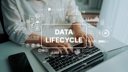 Professional Working on Laptop with Focus on Data Lifecycle Concept and Informative Graphical Elements. Asymptotic smart data analytic.