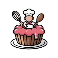 vector illustration of a cupcake with a chef