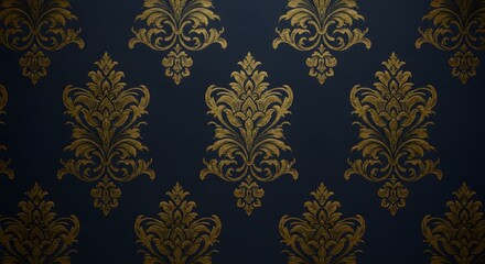 Elegant Damask Wallpaper Design: Gold and Navy Blue Pattern Texture Background for Interior Design Projects