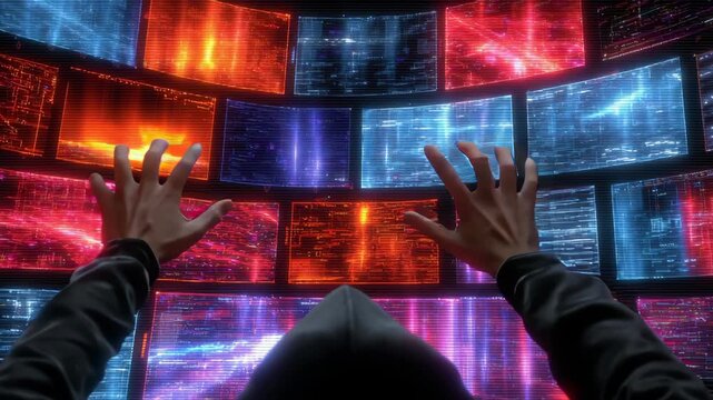 Person in Black Hoodie Interacting with Colorful Screens Displaying Dynamic Patterns of Light and Data